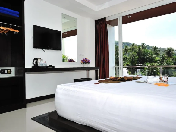 Wide angle view of boutique hotel bedroom