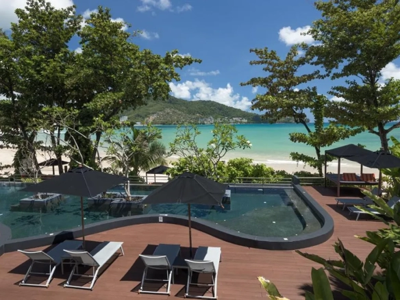 Outdoor swimming pool top view at hotel