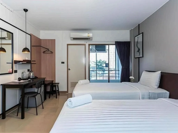 Hotel room with warm lighting at night