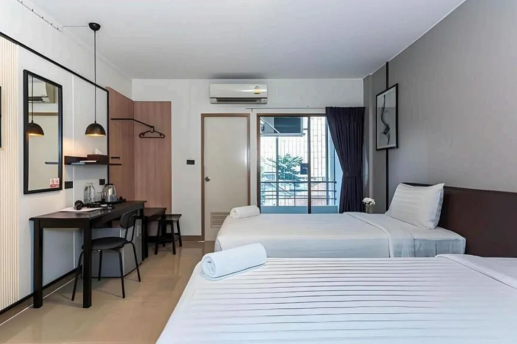 Hotel room with warm lighting at night