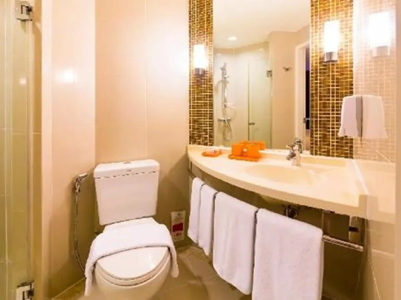 Bathroom sink and amenities in guest room
