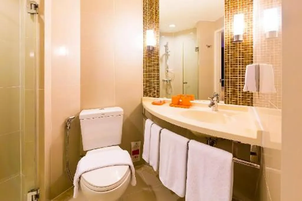 Bathroom sink and amenities in guest room