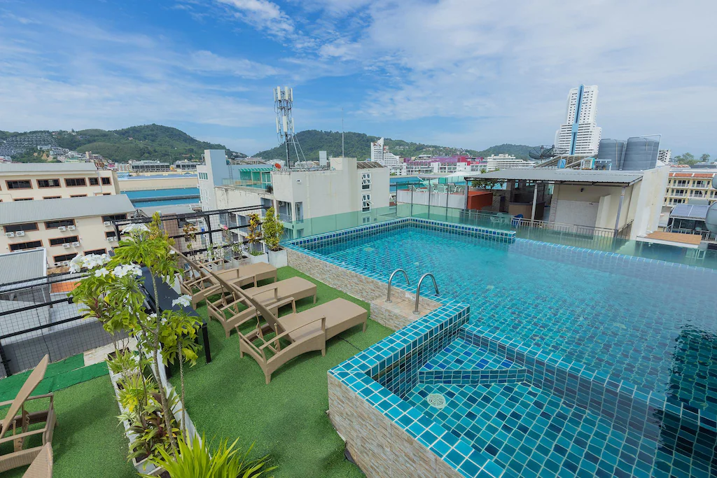 Rooftop swimming pool overview of boutique hotel