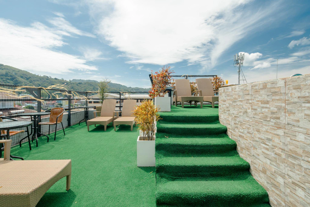 Outdoor terrace and recreation area of boutique hotel