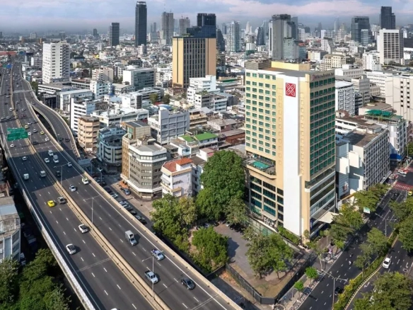 Urban road and commercial area near hotel