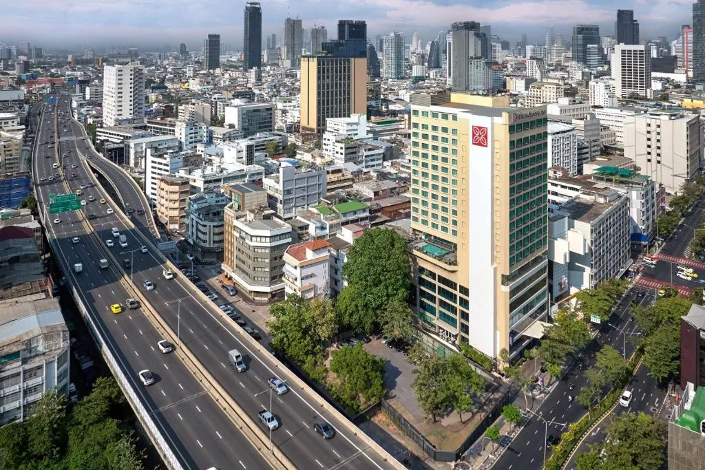 Urban road and commercial area near hotel