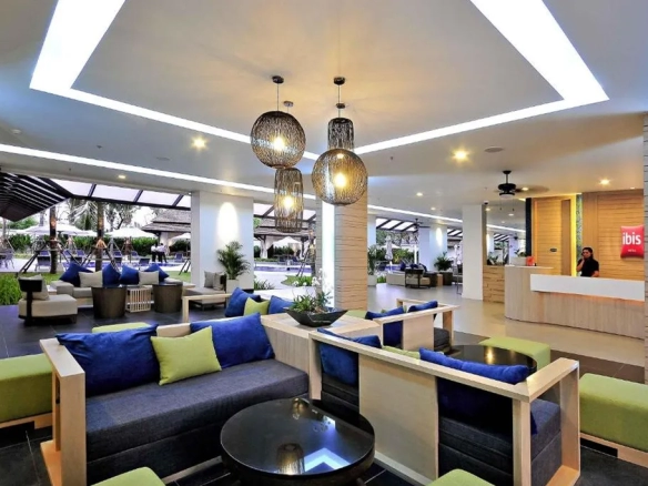 Restaurant seating area inside hotel