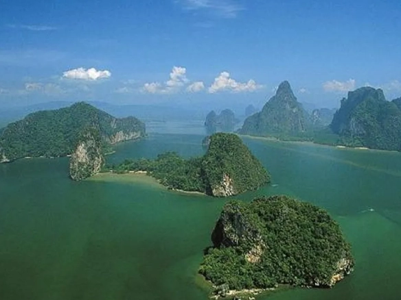 Island and mountain seascape near hotel