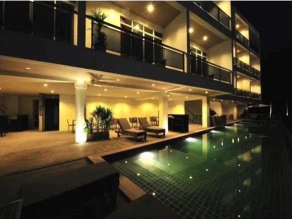 Poolside lighting and exterior view at night