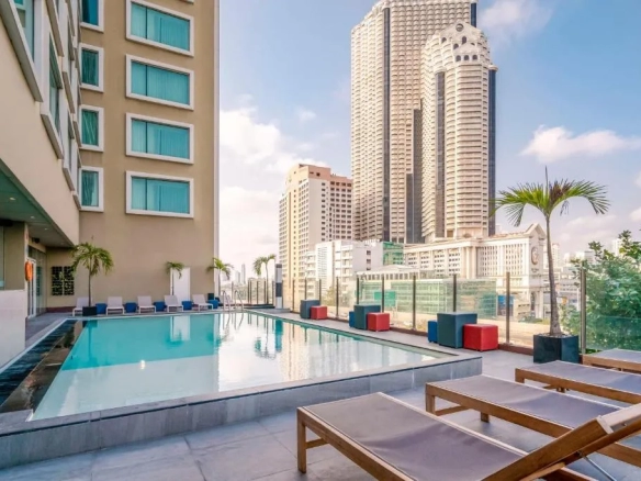 Rooftop swimming pool with city skyline view