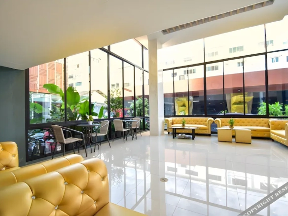 Aerial view of boutique hotel building and facilities