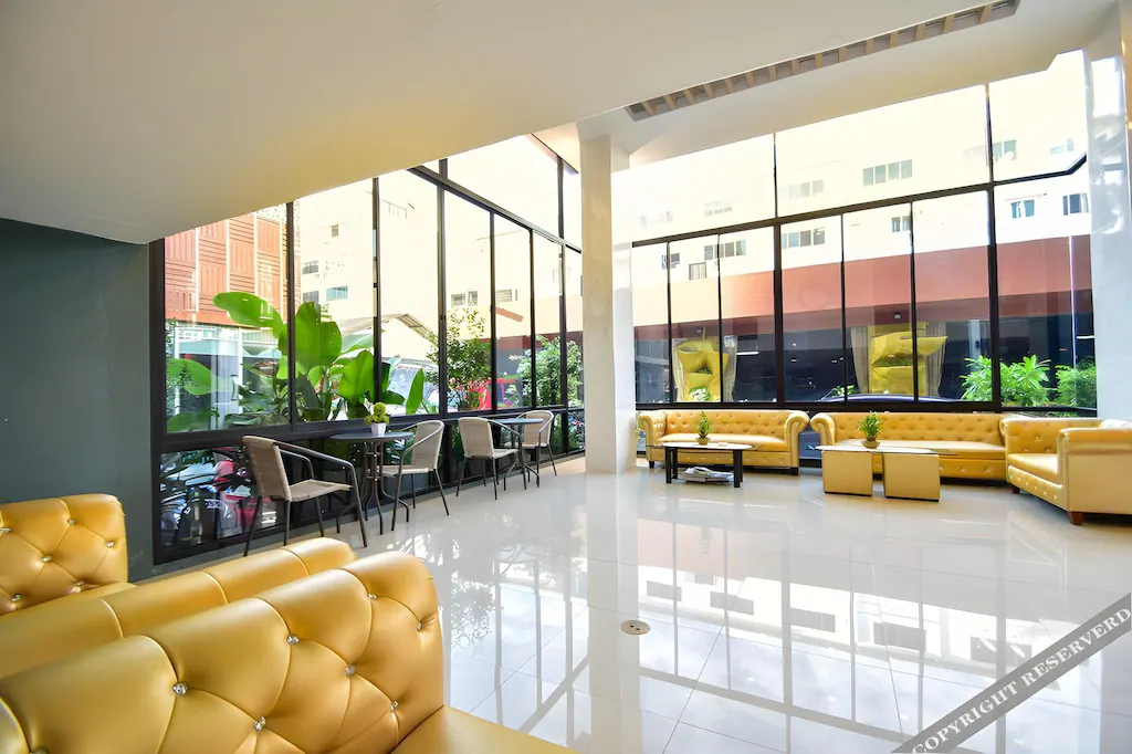 Aerial view of boutique hotel building and facilities