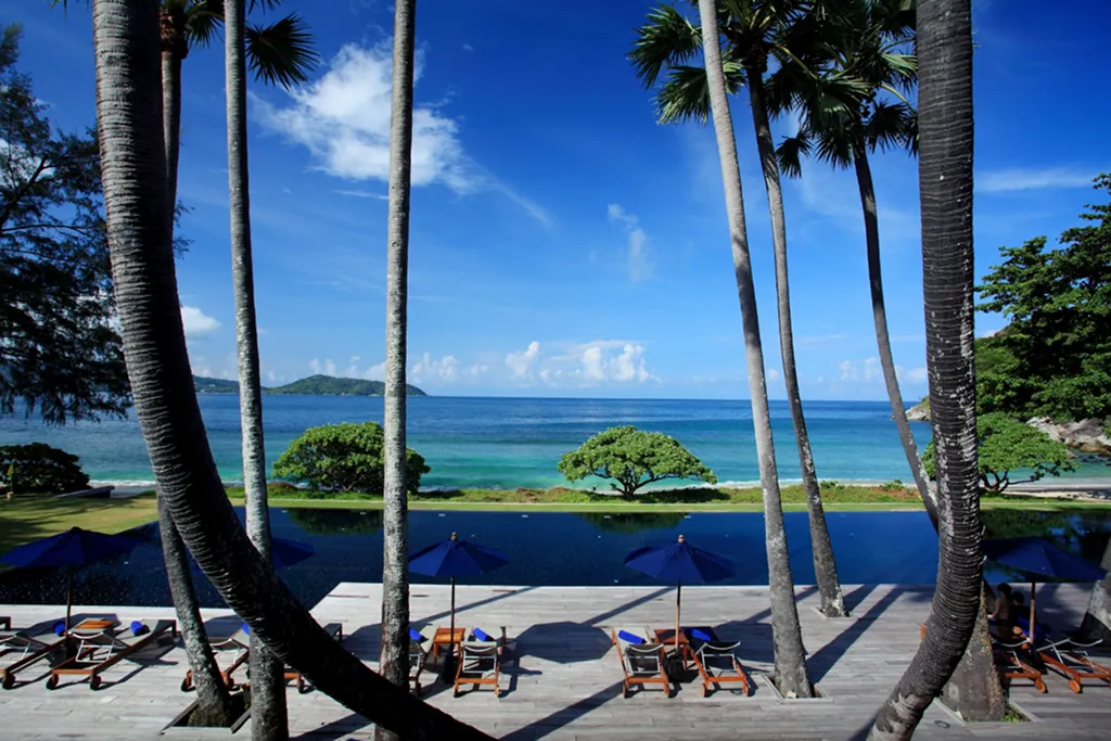 Seaside infinity pool with palm trees in Phuket