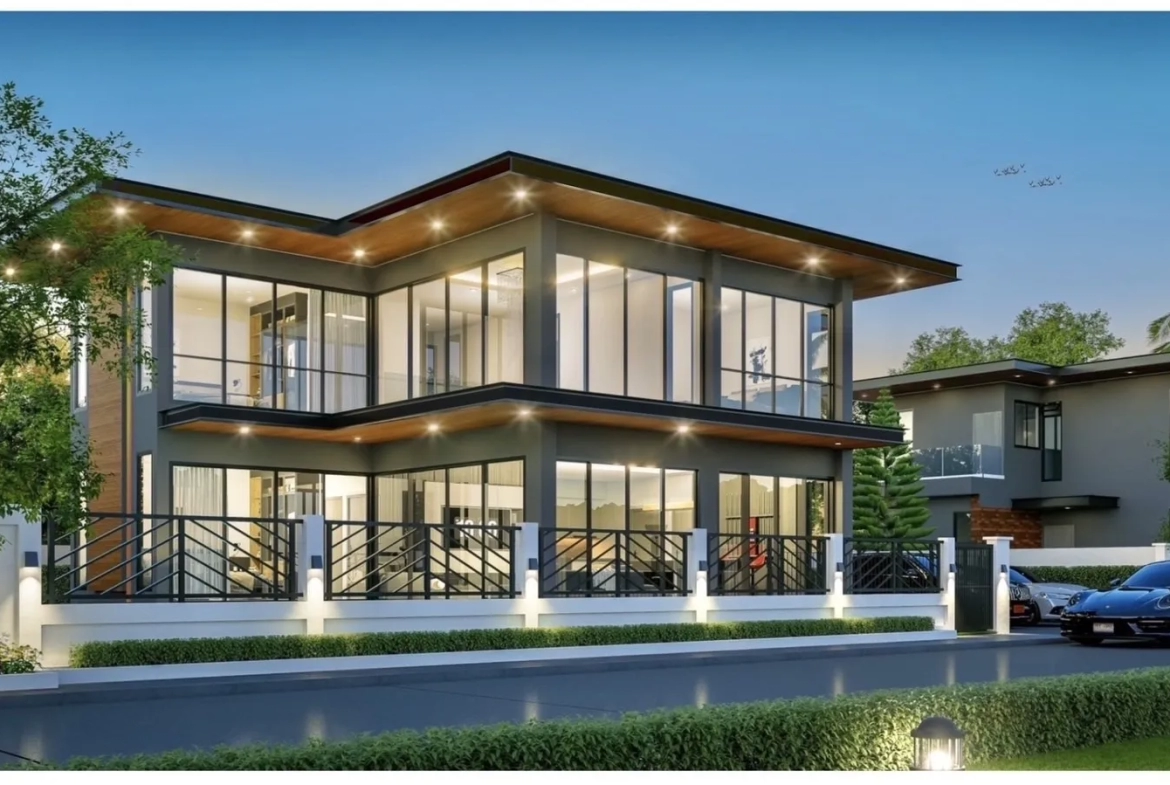 Exterior building view showing structure and access of villa for sale in Bang Lamung Chonburi