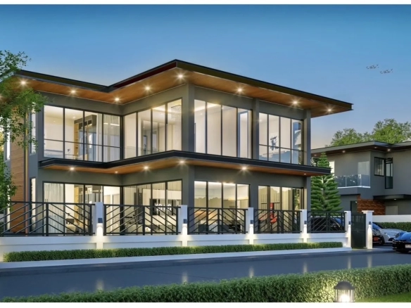 Exterior building view showing structure and access of villa for sale in Bang Lamung Chonburi