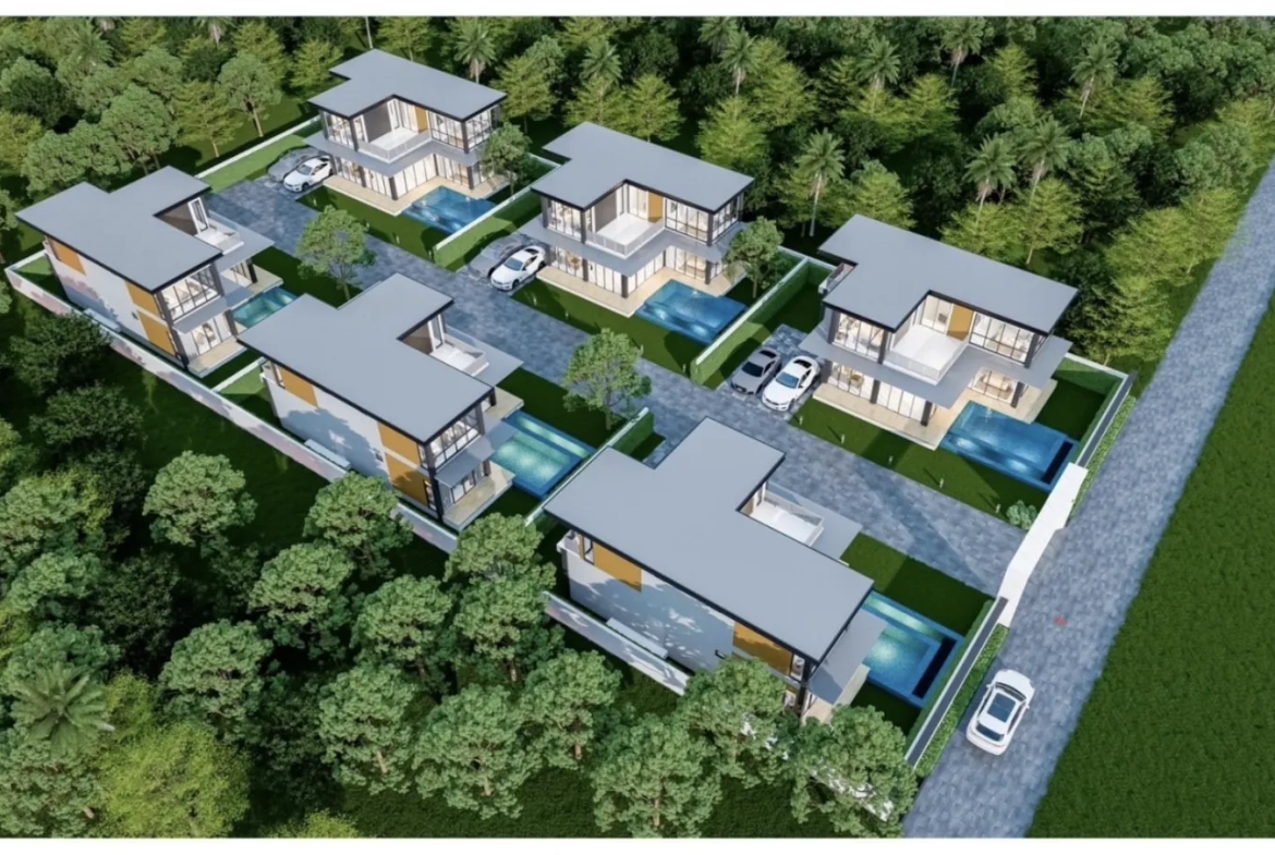 Aerial view showing land layout and overall asset scale of villa for sale in Bang Lamung Chonburi