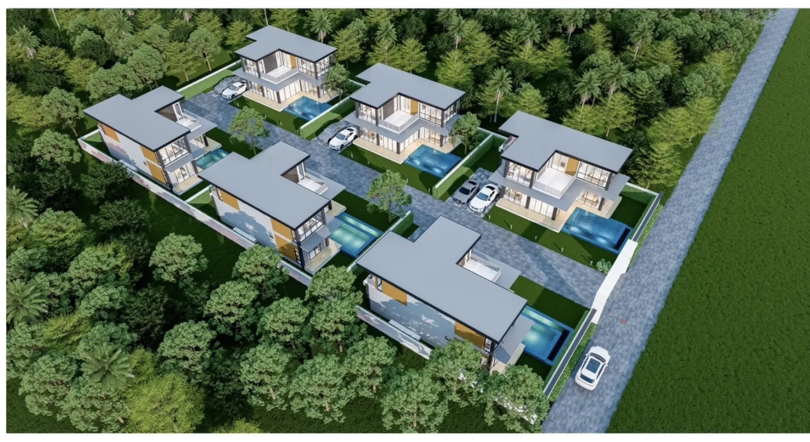 Aerial view showing land layout and overall asset scale of villa for sale in Bang Lamung Chonburi